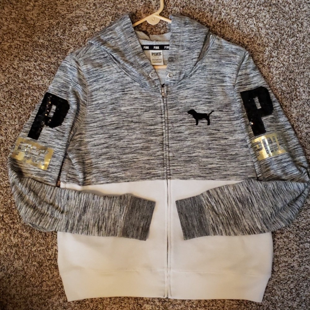 "PINK" Cute Grey, black, white and gold zip up!